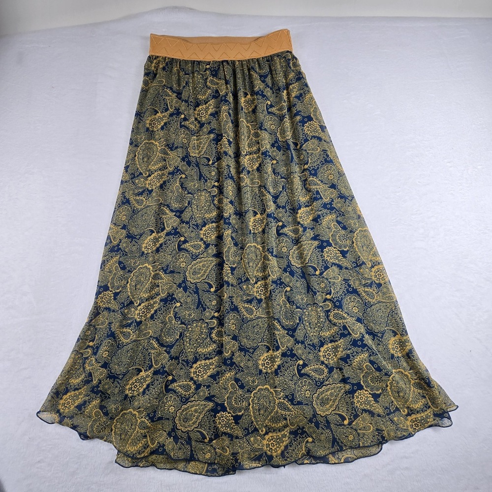 LuLaRoe Navy Blue Gold Paisley Chiffon Maxi Skirt Medium Lined Boho Flowy